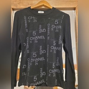 1980s Chanel long sleeve logo shirt with mesh overlay